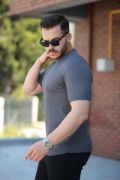 Erkek Bisiklet Yaka örgü Desenli Kısa örme Triko Kısa Kollu T-shirt resmi